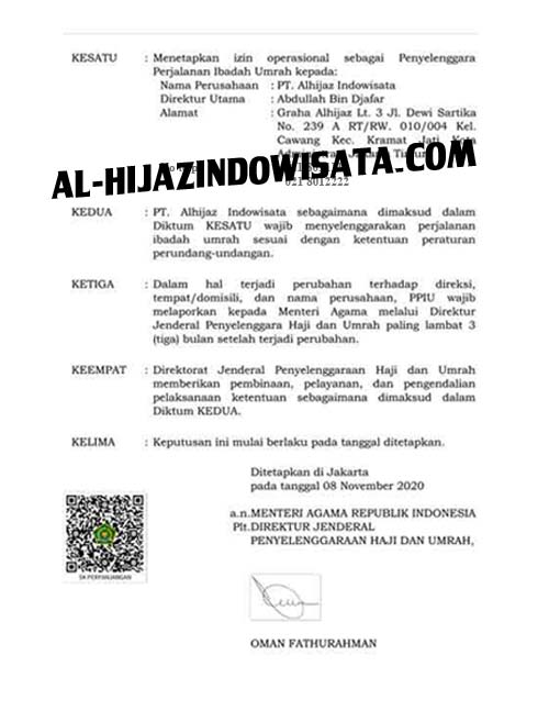 Izin Umroh alhijaz indowisata